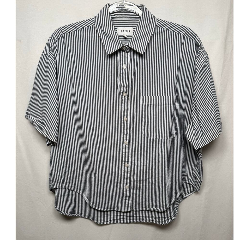 Pistola Button Down Shirt, Gray/White Striped, Size S Preppy